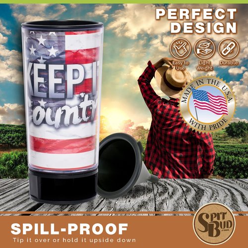 Spit Bud Keep it Country The Ultimate Spittoon for Chew - Portable Dip & Snuff Cup with Lid, Pop Tab, Spill-Proof Funnel, Can Cutter & Holder - Fit in Cup Holders - Holds 8oz - Made in USA