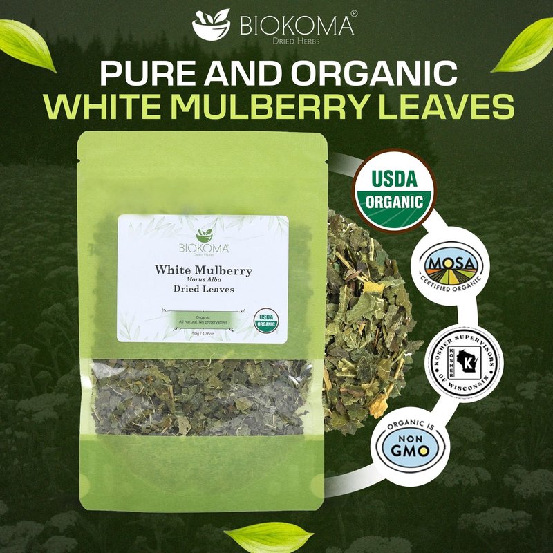 Biokoma Organic White Mulberry Leaf Tea Loose Dried Leaves 1.76oz - Morus Alba Herbal Tea - USDA Organic - Resealable Moisture Proof Pouch - No Additives - No Preservatives - Non GMO - Kosher
