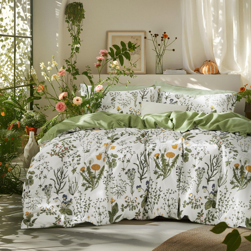 Bedsure Duvet Cover King Size - 100% Cotton Reversible Floral King Duvet Cover Set with Zipper Closure, 3 Pieces Soft & Breathable Green Bedding Set with 2 Pillow Shams 20"x36"