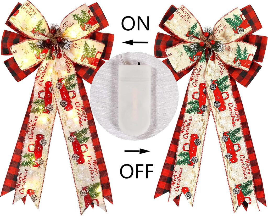 Skiennix Christmas Tree Topper Bow - 30 LED Lights, 13”x25” Large Red Black Buffalo Plaid Decor