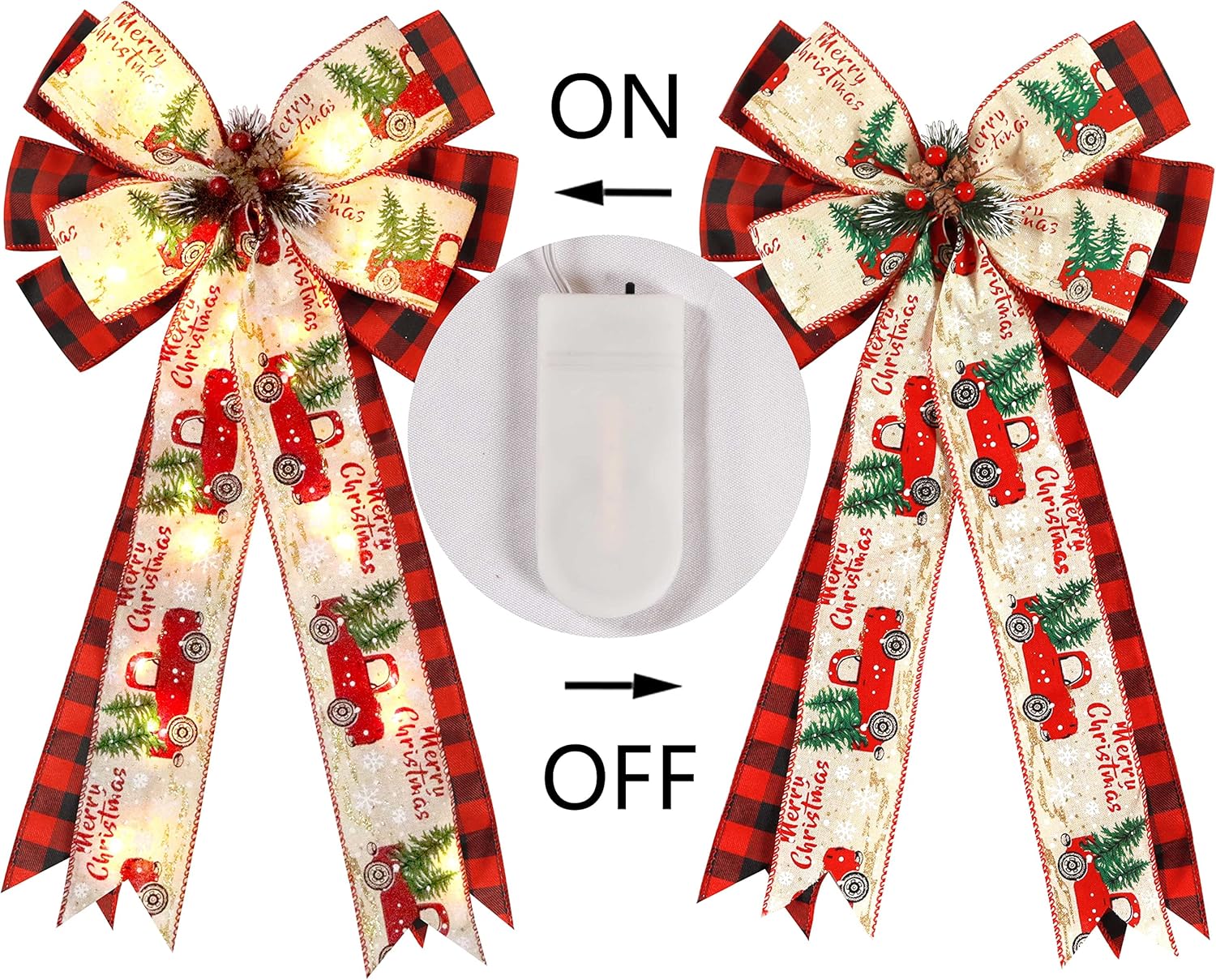 Skiennix Christmas Tree Topper Bow - 30 LED Lights, 13”x25” Large Red Black Buffalo Plaid Decor