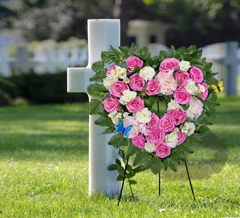 MUVIC Cemetery Flower Wreaths for Grave Decorations- Elegant Remembrance Standing Heart,Memorial Floral with Easel Stand,Pink Hibiscus Rose Carnation Daisy-27 Inch