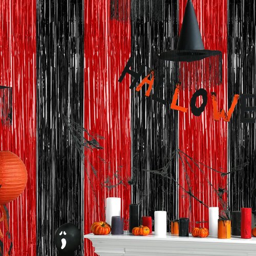4 Pack Halloween Backdrop | Red & Black Metallic Tinsel Curtains - 3.28 FT x 7.05 FT Party Decor