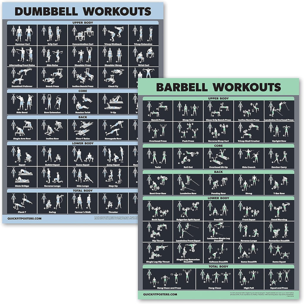 Palace Learning Dumbbell & Barbell Workout Poster Set - Laminated 2 Chart Set, 18” x 24”