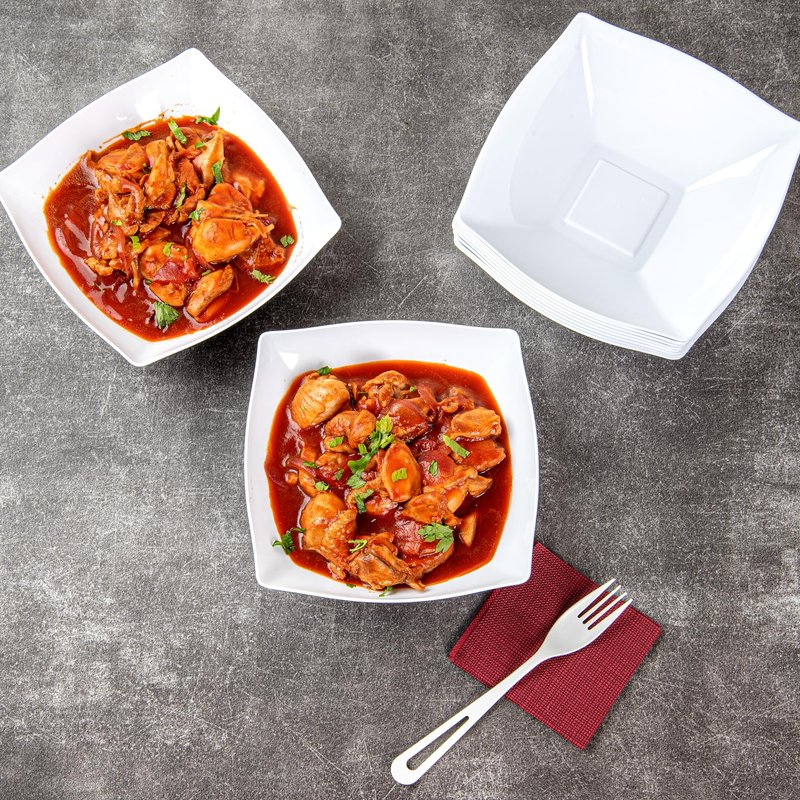 Restaurantware Moderna 32 Ounce Fancy Plastic Bowls 10 Square Disposable Salad Bowls - Durable Heavy-duty White Plastic Bowls For Warm And Cold Foods