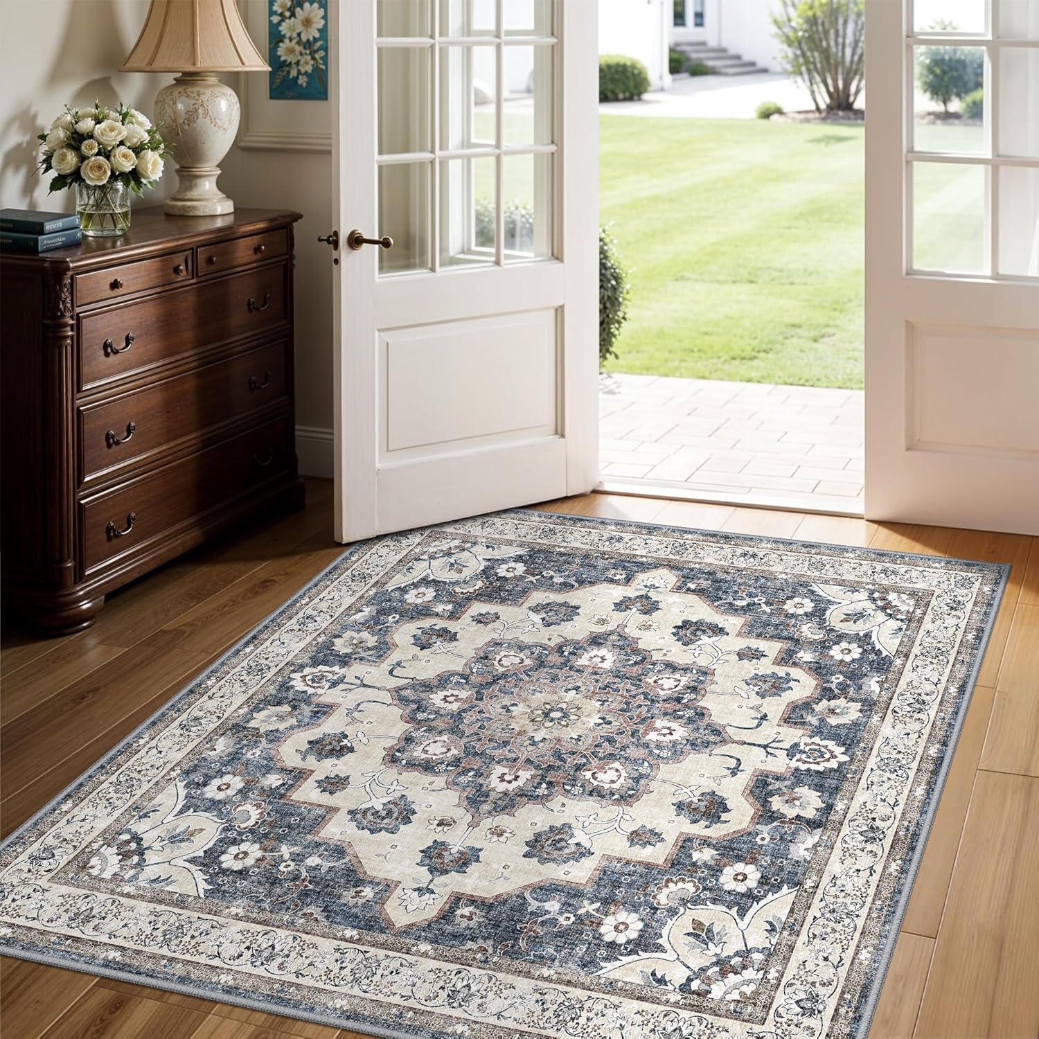 Regine Switzerland Washable 4x4 Square Area Rug - Ultra Thin Non-Slip Soft Carpet for Living Room | Stain Resistant Blue Mat