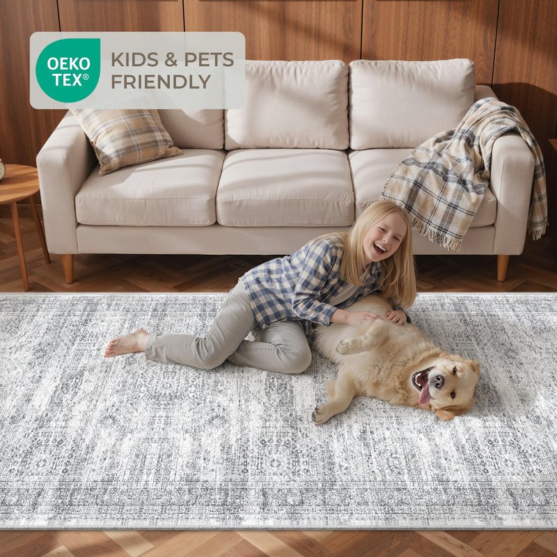 Restydon Kitchen Runner Rugs Non Skid Washable - 2.5 x 10 Runner Rug with Anti Slip Backing, Ultra-Thin Soft Rug Runner for Hallway, Bedroom, Living Room (2.5'x10', Grey/Ivory)