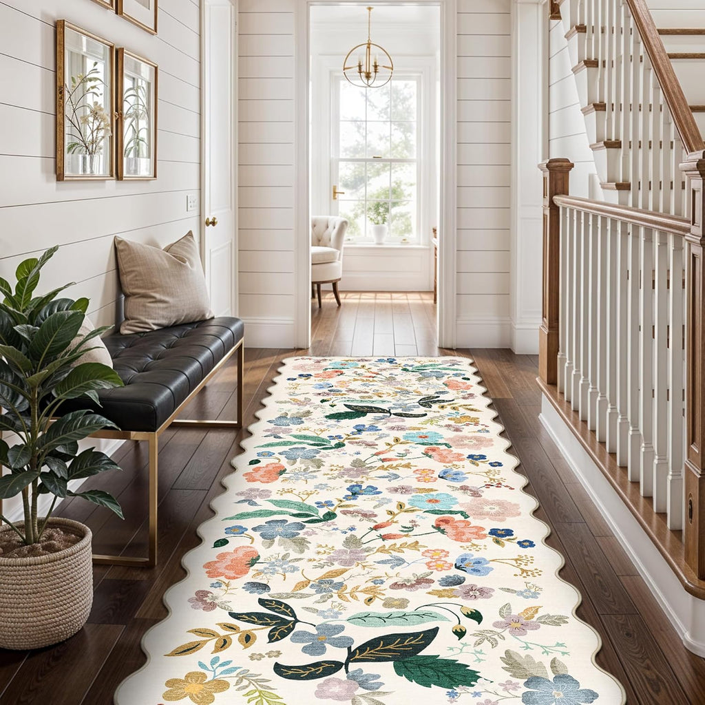 Skiennix Washable 2x8 Hallway Runner Rug - Vintage Floral Design | Water-Resistant & Ultra Soft Indoor Mat (Cream)