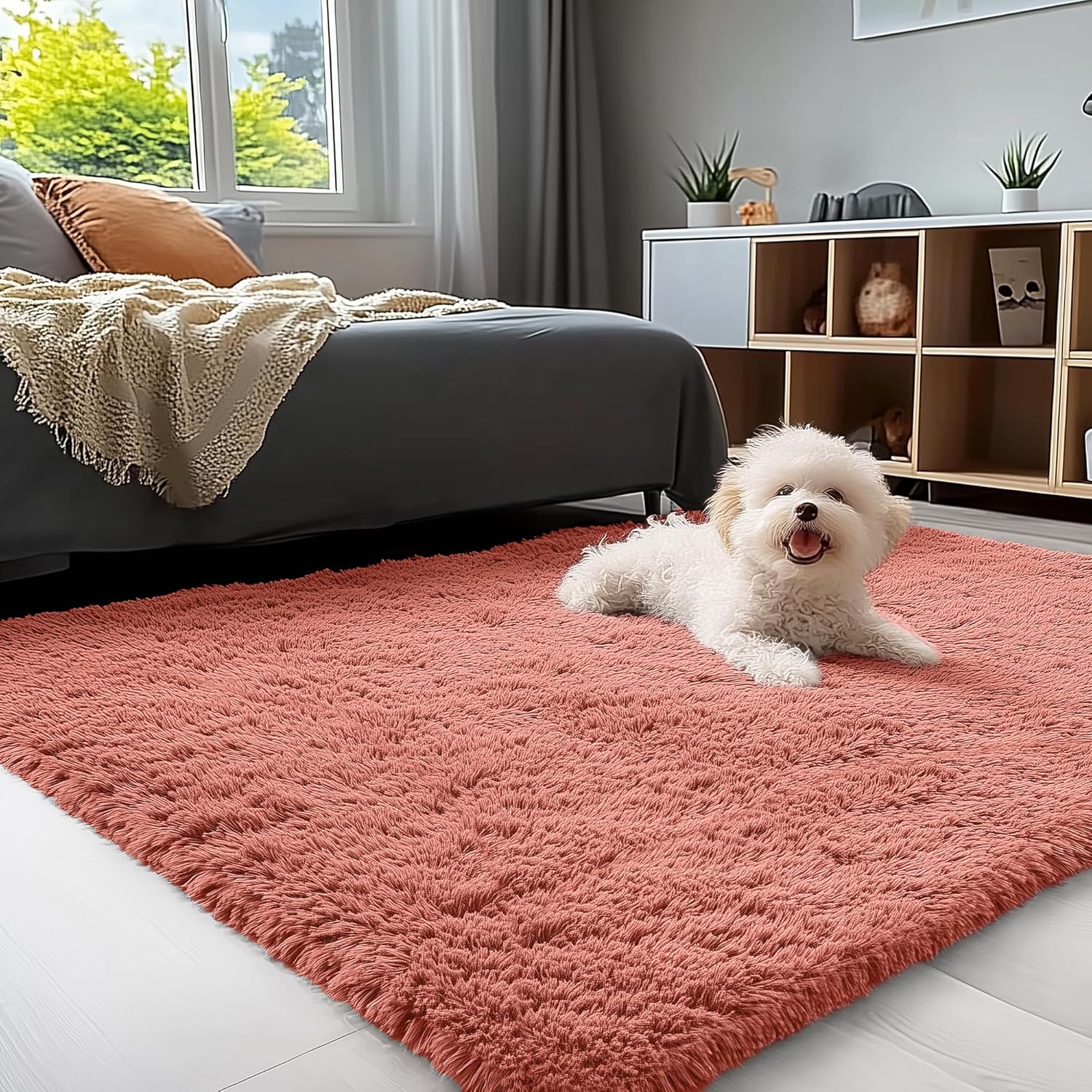 OLANLY Small Bedside Rug - Soft Fluffy Shaggy Carpet for Living Room & Bedroom | Rust Red, Machine Washable