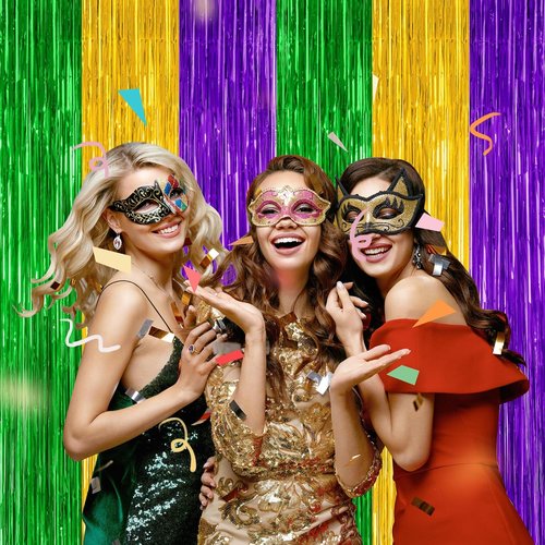 Mardi Gras Tinsel Backdrop by [Brand Name] - 2 Pack Metallic Fringe Curtain | 3.28 FT x 7.05 FT in Purple, Gold, Green