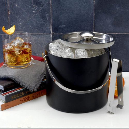 Houdini Matte Black Ice Bucket with Tongs - Double Wall Insulated, 3 Quart Stainless Steel Bar Accessory with 6.5 Inch Tongs for Home Bar, Entertaining