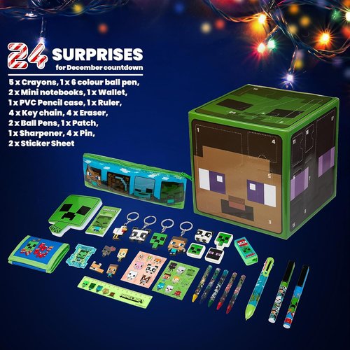 **Minecraft Advent Calendar 2025 - 24 Fun Items Including Keychains, Pens & Notebooks | Green Cube**