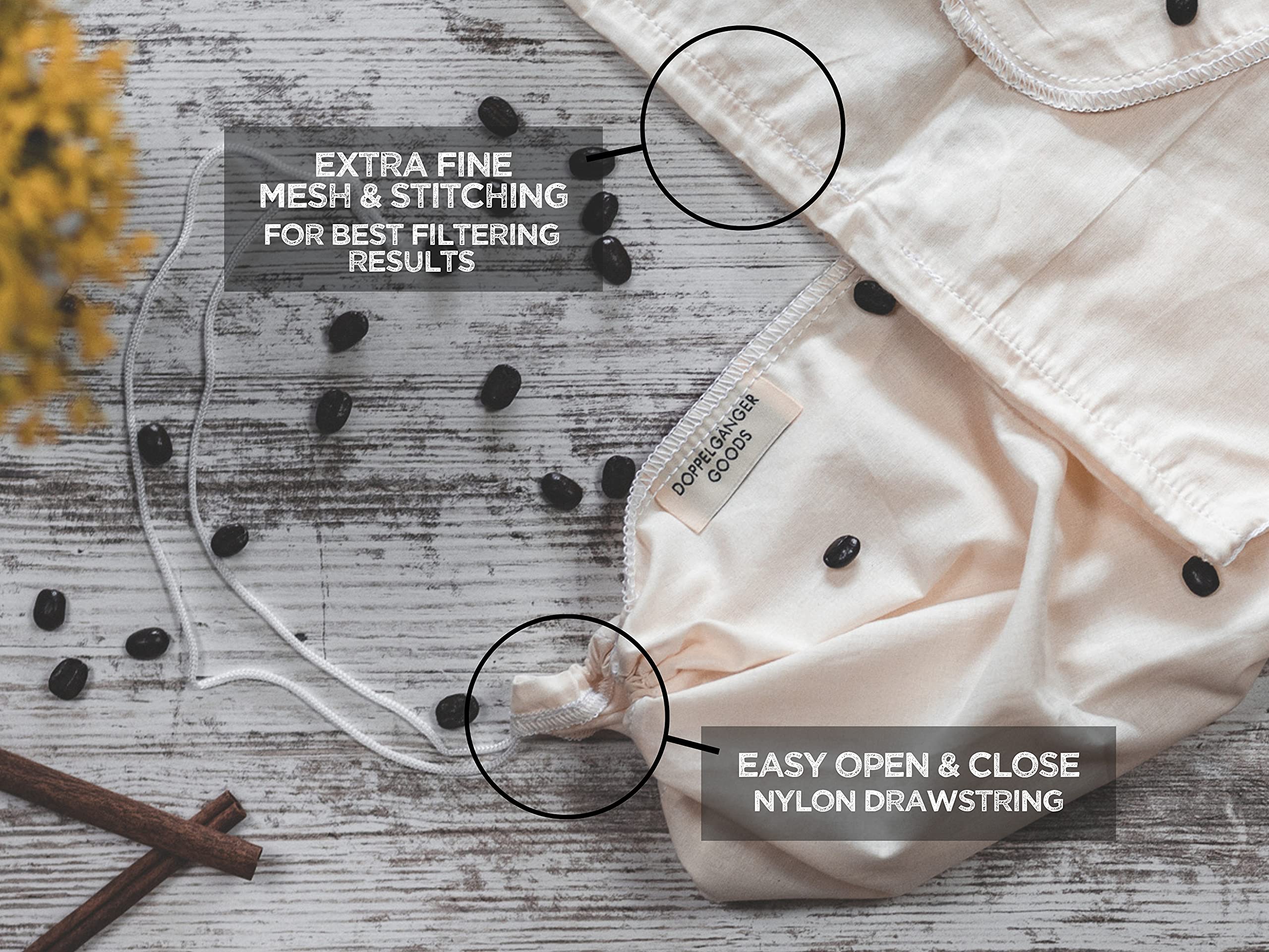 (2-Pack, Medium 8in x 12in) Organic Cotton Cold Brew Coffee Bag - Designed in California - Reusable Coffee Filter with EasyOpen Drawstring Cold Brew Maker for Pitchers, Mason Jars, & Toddy Systems