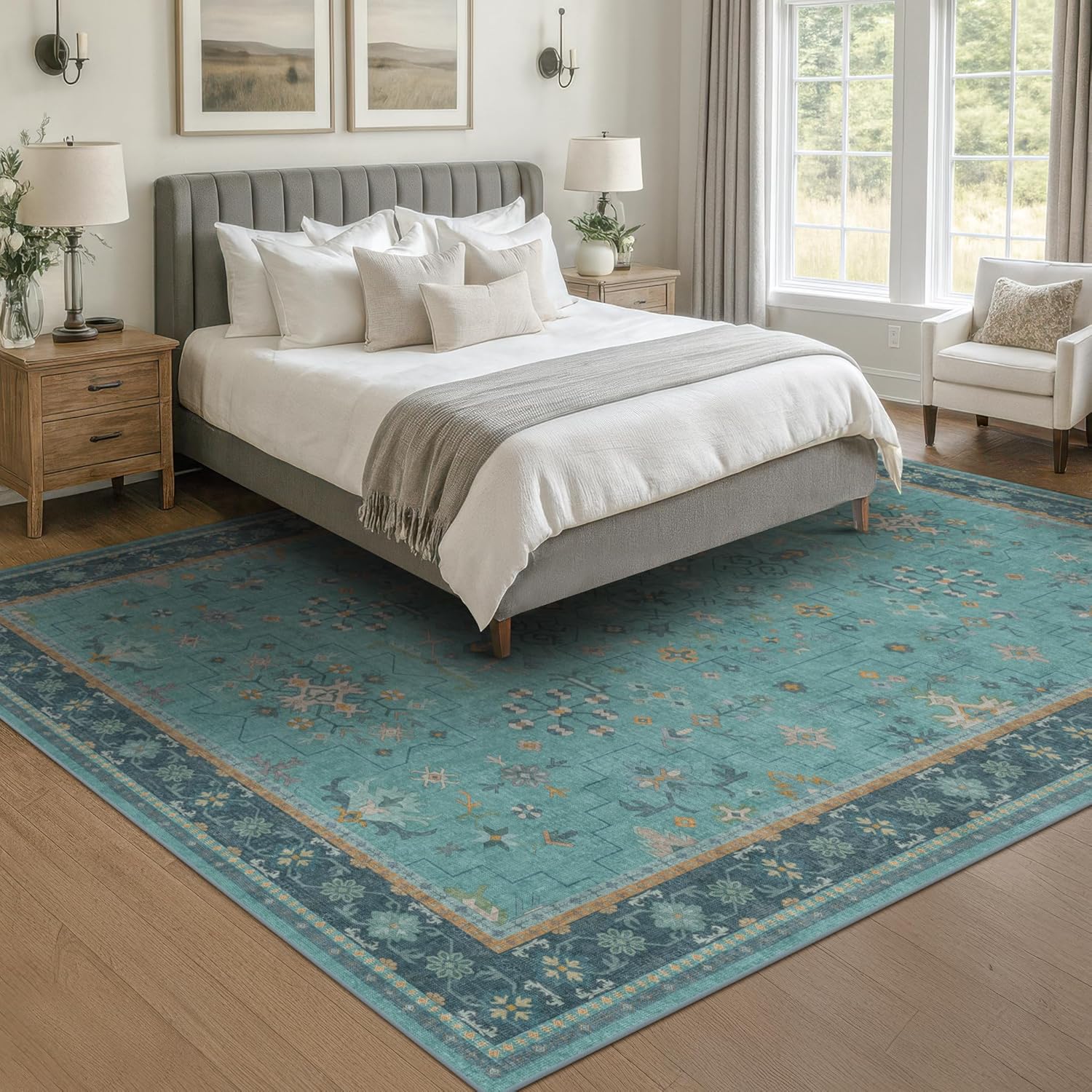 Skiennix 5x7 Teal Rug - Modern Boho Turquoise Low-Pile Carpet | Washable Non-Slip Design