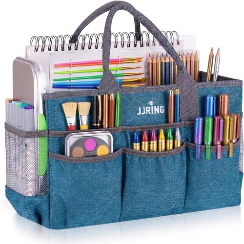 JJRING Large Art Supply Storage Tote Bag - Sturdy Craft Organizer with Mesh Pockets | Green, Foldable Design for Artists & Teachers