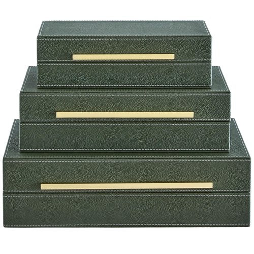 Goodinough Green Shagreen Decorative Boxes with Lids Set of 3 - Large Leather Stacking Storage Boxes for Home Decor, Gold Metal Handle Remote Control Box, Modern Jewelry Box for Shelves, Coffee Table