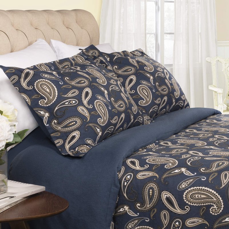 Superior Paisley Flannel Cotton Duvet Cover Set, Warm Fuzzy Comforter Cover, Floral Bedding Essentials, Secure Button Closure, Includes 1 Duvet Cover, 2 Pillow Shams, King/California King, Navy Blue