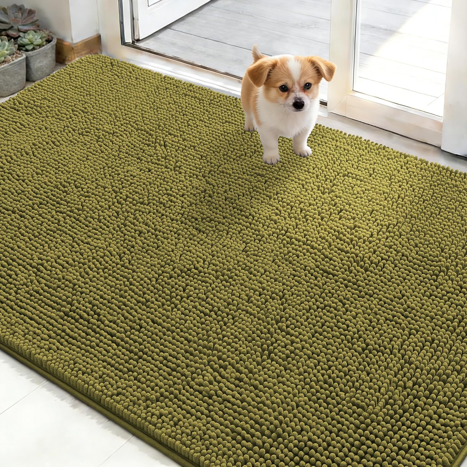 OLANLY Dog Door Mat - Absorbent Non-Slip Washable Doormat for Muddy Paws | 48x30, Willow Green