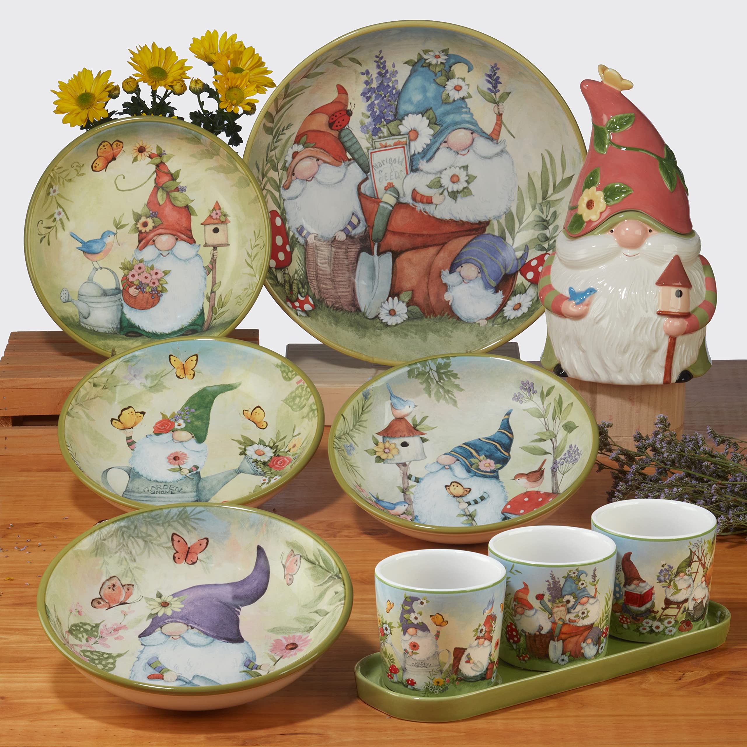 Certified International Garden Gnomes 38 oz. Soup/Pasta Bowls, Set of 4 Assorted Designs