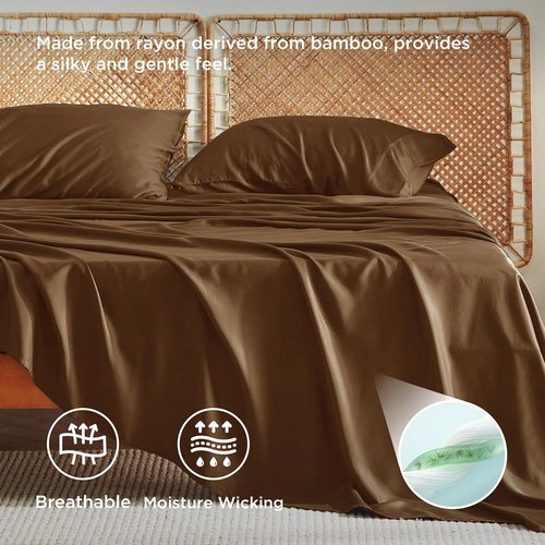 Bedsure Cooling Bed Sheets - Breathable Rayon from Bamboo | Soft & Luxurious Full Size, Deep Pocket Up to 16 Inches, Brown