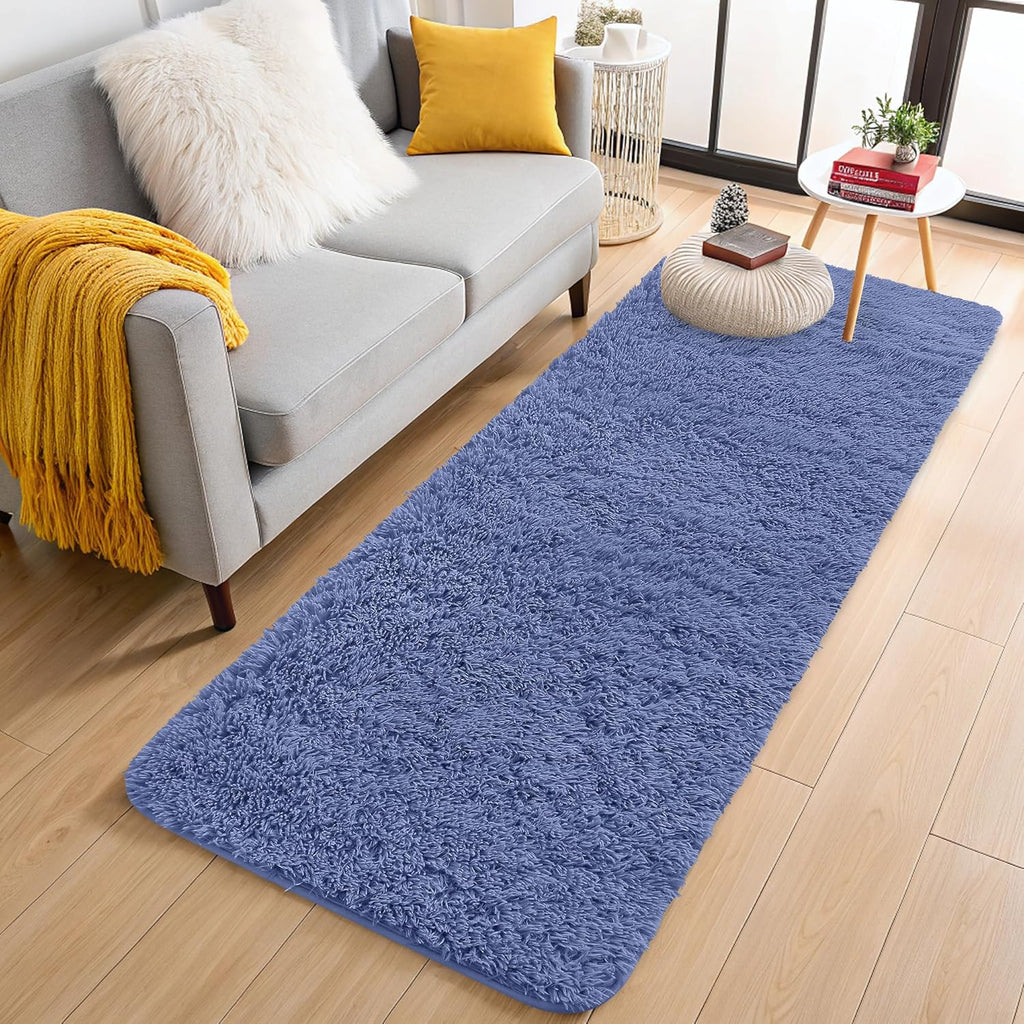 OLANLY Runner Rugs - Soft Fluffy Machine Washable Shaggy Carpet for Hallway & Bedroom | Denim Blue 2x6 ft