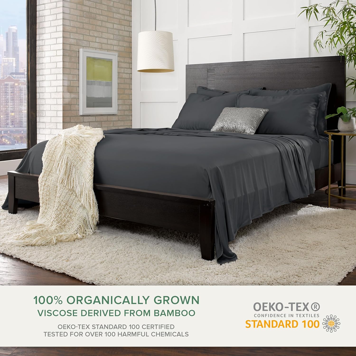 Pure Bamboo Queen Sheets - Luxuriously Soft & Cooling 100% Organic Viscose Bed Set | Charcoal Color