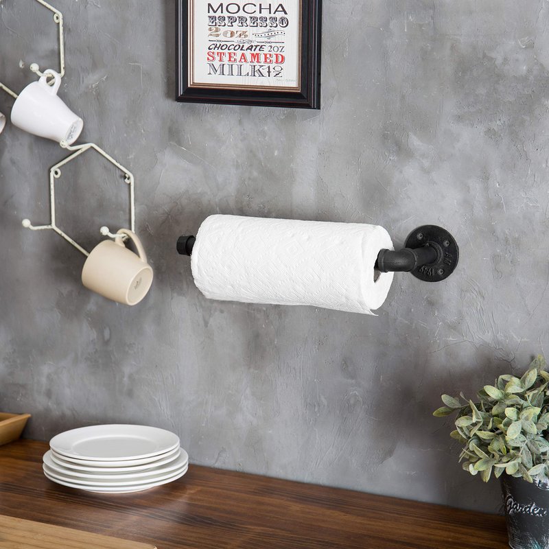 MyGift Paper Towel Holder Under Cabinet Paper Towel Holder Wall Mount, Industrial Pipe Matte Black Hanging Kitchen Towel Rack
