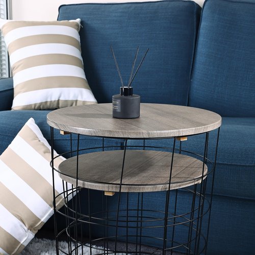Elevon Nesting Table End Table Wire Basket Base with Wood Tops Side Table Set of 2, Gray