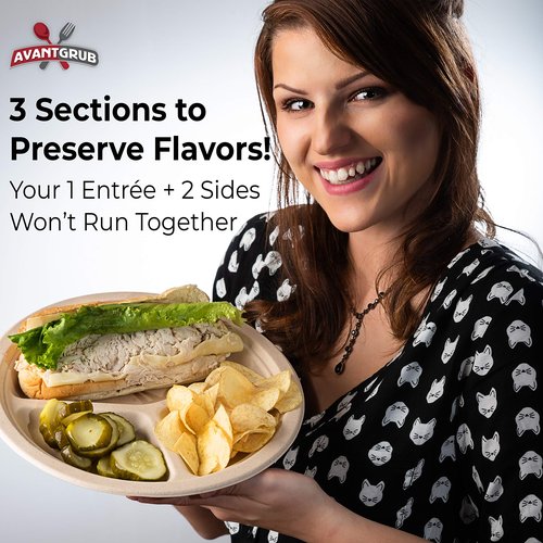 Restaurant-Grade Biodegradable 10 Inch 3-Compartment Plates Bulk 200Pk. Great for Lunch and Dinner Parties. Disposable Compostable Wheatstraw Divided Plates are Leakproof and Microwave Safe.
