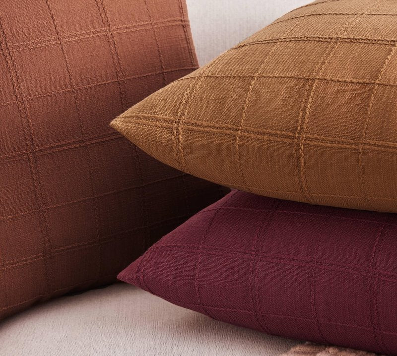 ZeeMart Linen Checked Throw Pillow Covers Set of 2, 20x20 Inch Allover Grid Burgundy, Farmhouse Decorative Double Sided Grid Embroidered Couch Pillow Cases Red Cotton Linen Cushion Covers