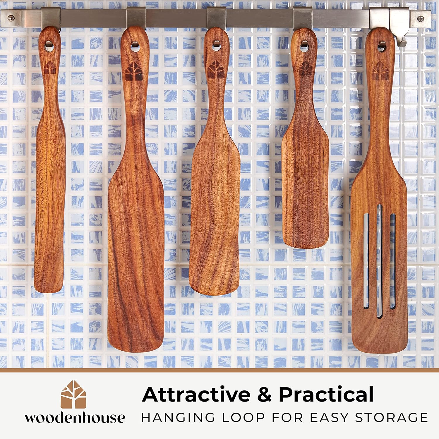 Woodenhouse Teak Spurtle Set of 5 - Non-Stick Kitchen Tools for Serving, Stirring & Mixing