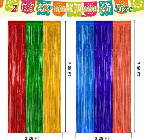 Cinco De Mayo Decorations - 2 Pack Fiesta Rainbow Backdrop | 3.28 FT x 7.05 FT Tinsel Curtains