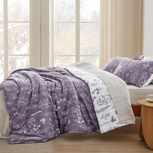 Bedsure King Comforter Set - Grayish Purple Bed Set, 3 Pieces Cute Floral Bedding, 1 Soft Reversible Botanical Flowers Comforter and 2 Pillow Shams