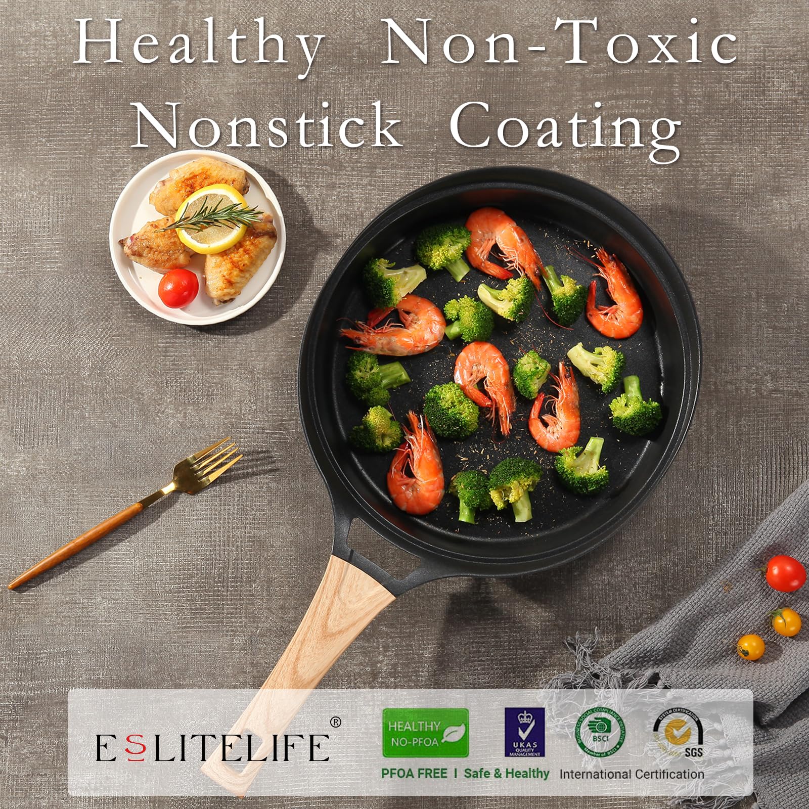 ESLITE LIFE Nonstick Deep Frying Pan Skillet Set with Lids, Healthy Granite Coating Egg Omelette Pan Stone Cookware Chef's Pan, PFOA Free(Black, 7-Piece)