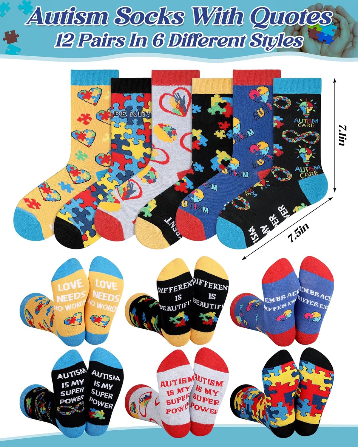 Skiennix Autism Awareness Socks - 12 Pairs Colorful Graphic Designs for Men & Women | Perfect Gift Idea