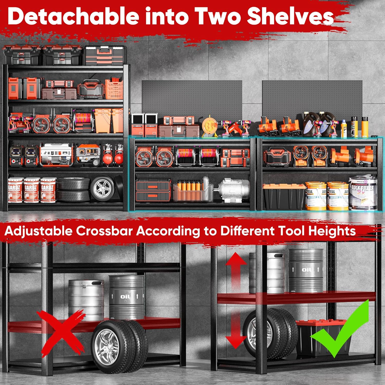 POKIPO Heavy Duty Garage Shelving - 72"H x 47.2"W x 23.6"D | 5-Tier Adjustable Metal Storage Rack, 3500LBS Capacity