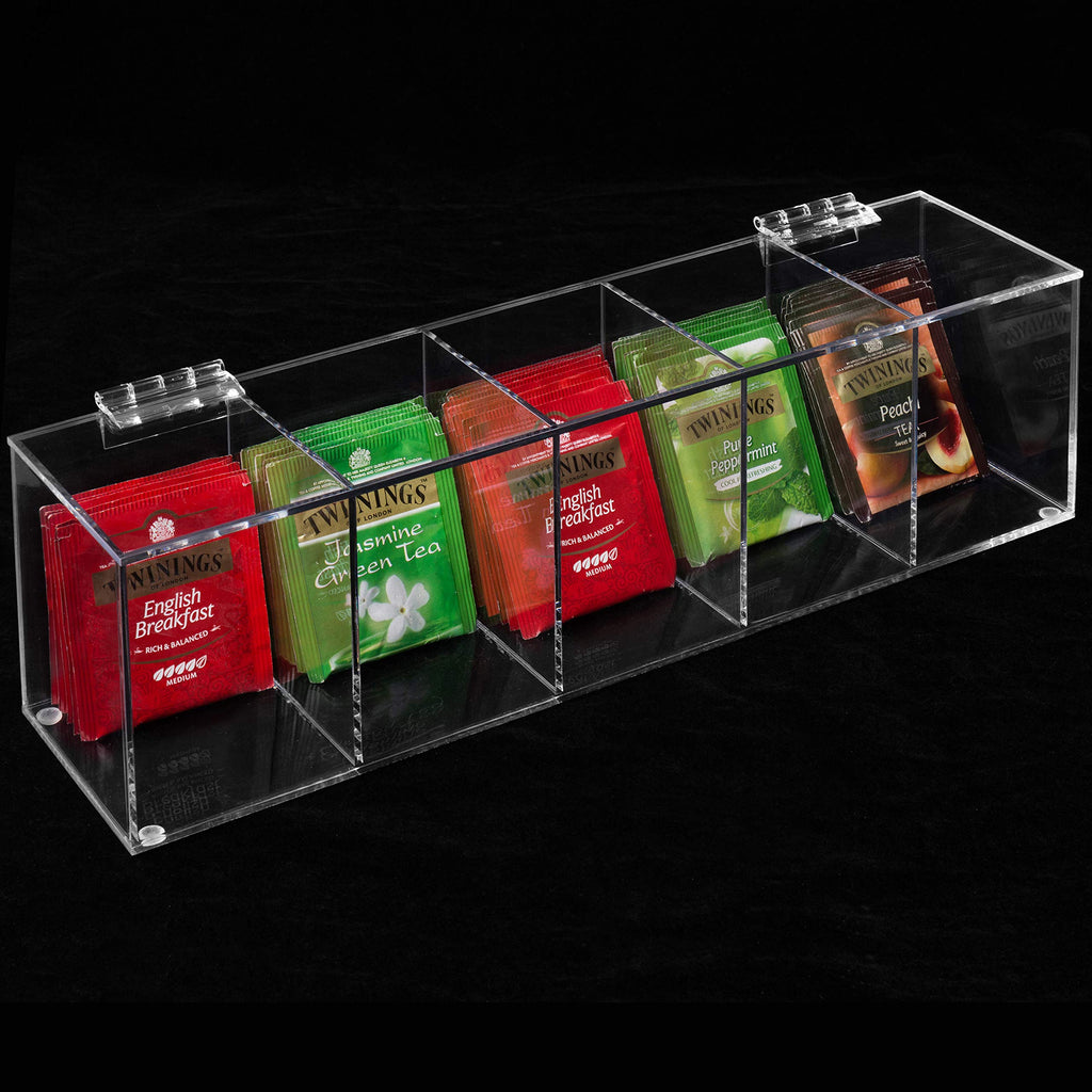 MyGift Acrylic Tea Bag Organizer Box with 5 Compartments and Hinged Lid, Drink Packet Storage Box, Kitchen Countertop Caddy Pantry for Assorted Teas and Condiments, Modern