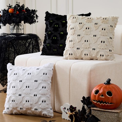 YOSICHY Halloween Decorations Pillow Covers 18x18 inch Set of 2 Beige Ghost Throw Pillow Cases Soft Plush Faux Fur Wool Decorative Cushion Case for Sofa Couch Bed Chair Living Room Home Decor