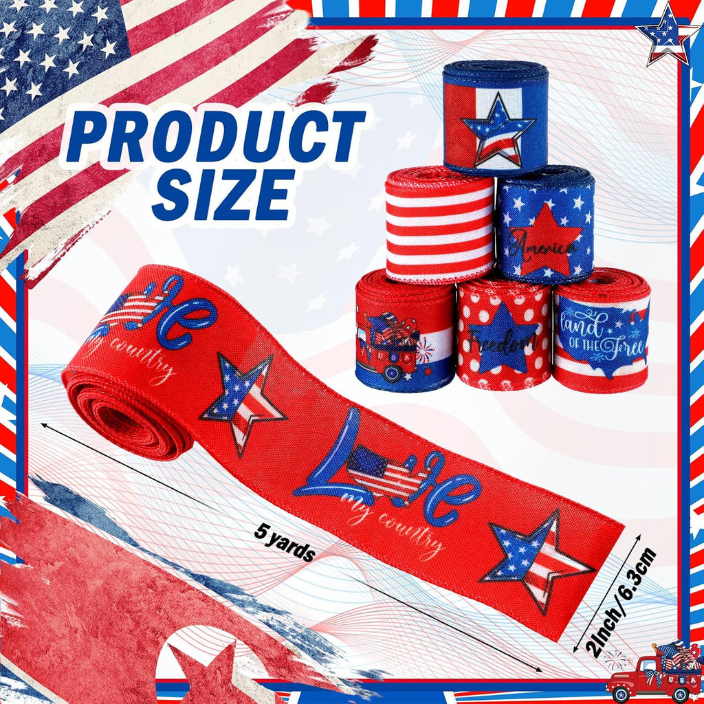 Skiennix Memorial Day Ribbon - 12 Rolls of 60 Yards Stars and Stripes Burlap Wired Edge | Patriotic Crafting