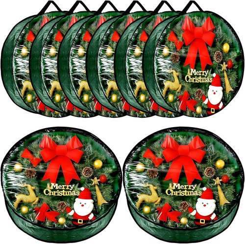Dunzy Christmas Wreath Storage Bag - 8-Piece Tear-Resistant Fabric with Clear Window | 24x24x7.8 Inch, Green
