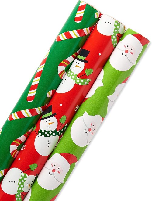 American Greetings Christmas Wrapping Paper Rolls - Reversible Santa & Snowmen Design | 120 sq. ft. (3 Rolls, 30 in. x 12 ft.)