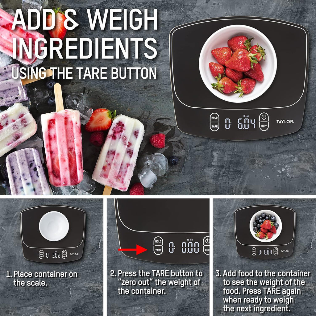 Taylor Waterproof Digital Kitchen Scale - 11 lbs Capacity | Sleek Black Design