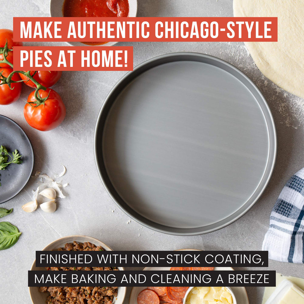 Chef Pomodoro Chicago Deep Dish Pizza Pan 12 Inch, Hard Anodized Aluminum Pizza Pan for Oven, Pre-Seasoned Bakeware Kitchenware, Non-Stick Round Pizza Pans (12-Inch)