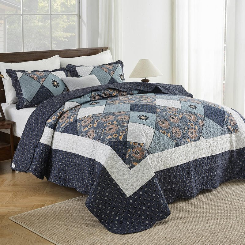 ENJOHOS Alaska King Quilts 132x120, 3 Pcs Blue Plaid Floral Oversized King Quilt, Extra Wide Patchwork Bedspread Coverlet Set for All Seasons, Reversible Bedding Set