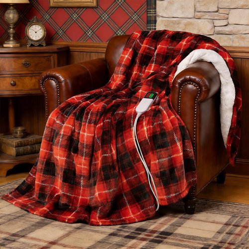 PTQ Red Christmas Electric Heated Blanket 50"x60", Fast Heated Throw with 8 Hours Auto Off/8 Heats Levels, Soft Plaid Sherpa with ETL Certification, Gifts for Adults Keep Warm in Home Office