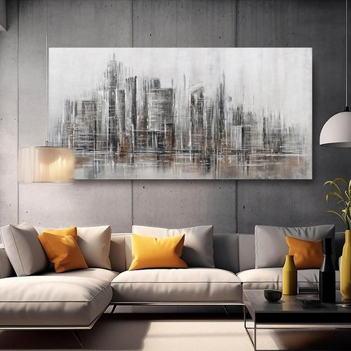 Abstract Wall Art Modern Art Wall Decor Canvas Printed Matter Gray Brown Abstract City Reflection Framed Artwork Canvas Painting for Living Room Bedroom Office Home Decor 24x48 Inch