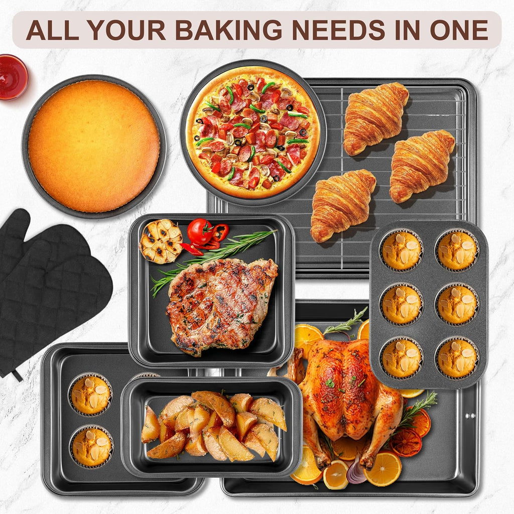 Skiennix 12PCS Nonstick Baking Pans Set - Stackable Carbon Steel Bakeware with Wider Grip & Oven Mitts