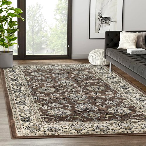 SUPERIOR Elegant Lille Collection Area Rug, 8mm Pile Height with Jute Backing, Beautiful Chic Bordered Rug Design, Anti-Static, Water-Repellent Rugs - 4ft x 6ft , Brown