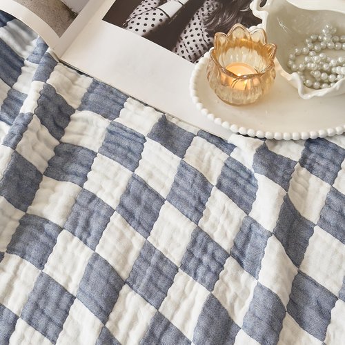 Ultra Soft Cozy 6-Layer Checkered Muslin Blankets for Adults 100% Cotton King Size 90"x104" Bed Blanket Breathable Lightweight Suitable for All Seasons Both Sides Blue