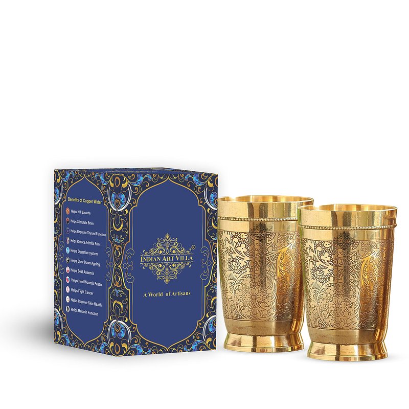 Indian Art Villa Brass Glass Tumbler, Embossed Design, 11 Oz Each, Set of 2